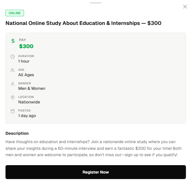 National Online Study About Education & Internships — $300
