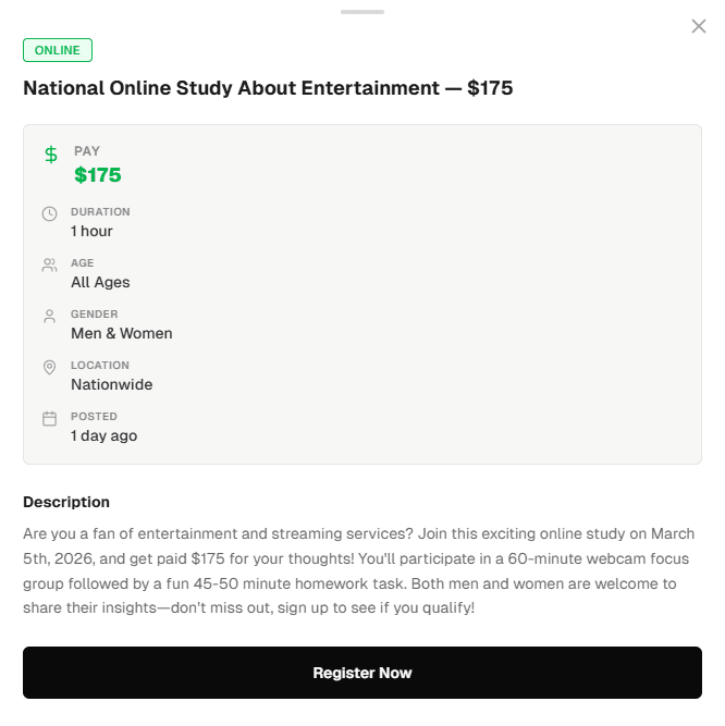 National Online Study About Entertainment — $175