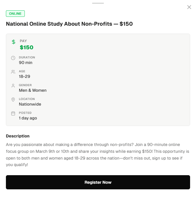 National Online Study About Non-Profits — $150